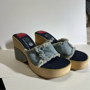 BC Footwear Denim Frayed Mules with Wooden Heel Sz8